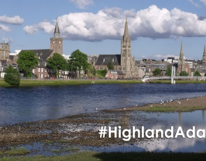 landscape of Inverness city centre with text "#HighlandAdapts"