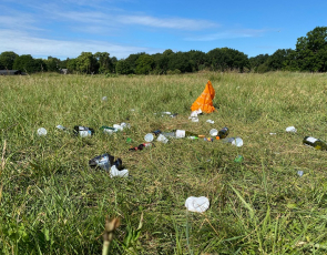Bottles, plastic cups and plastic bag littering a grassy park
