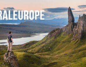 Man standing on hill in Skye, with #RuralEurope text, photo courtesy of Joshua Earle on Unsplash