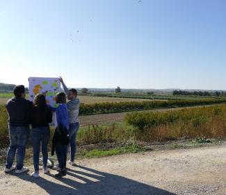 GRoup of people looking at board with post it notes outside in the countryside