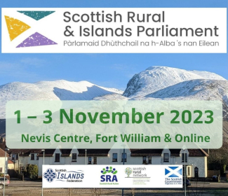 Scottish Rural & Islands Parliament logo and dates with Ben Nevis in the background