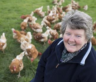 Margaret Farrelly with hens