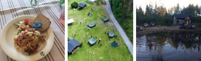 Three photos: dinner plate; aerial view of people and buildings; Finnish landscape 