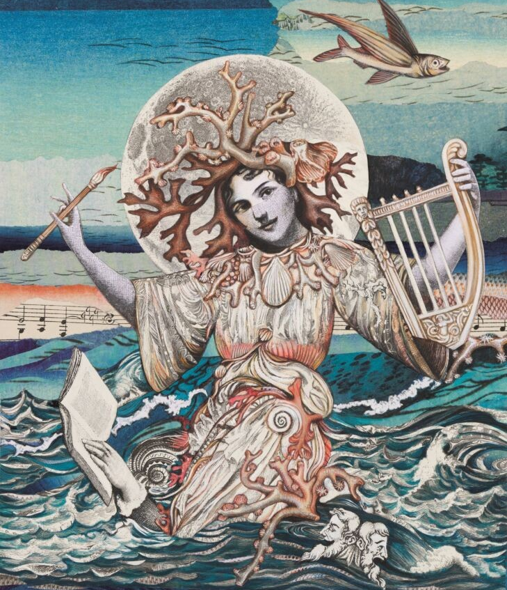 Surreal figure adorned with coral and seashells, holding a paintbrush and a lyre, emerging from turbulent ocean waves under a full moon.