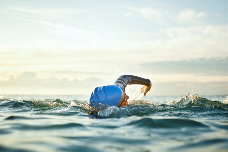 Swimmer wearing a blue swim cap and wetsuit swimming freestyle in open water during sunrise.