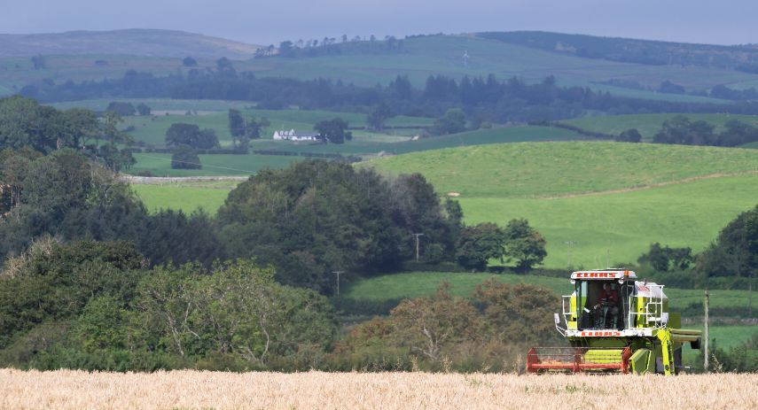A combine harvester operates in a golden wheat field under a cloudy sky, surrounded by rolling green hills and patchwork farmland. A white house is nestled among trees in the distance, capturing a peaceful rural landscape with modern agricultural activity.