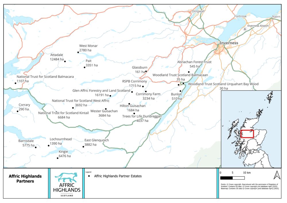 Detailed map of forestry estates managed by Affric Highlands Partners across the Scottish Highlands region.