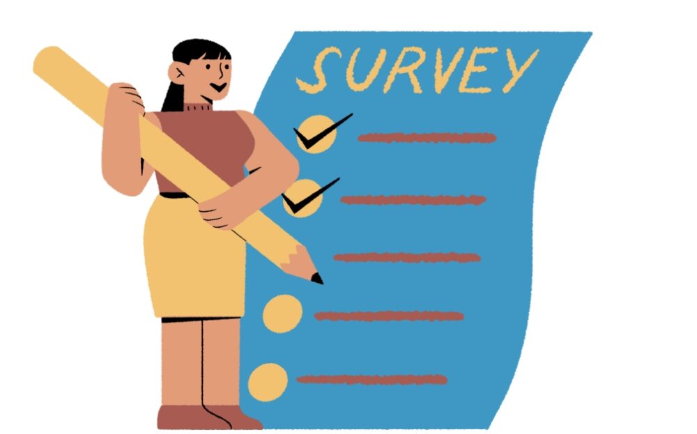 graphic image of a women holding a giant pen in front of a huge survey form