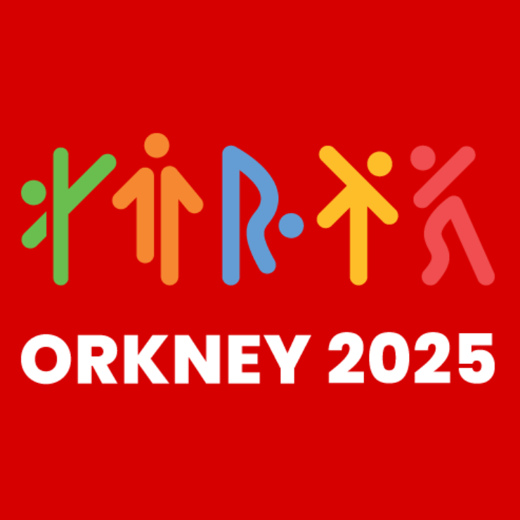 Colourful abstract human figures in green, orange, blue, yellow, and red above bold white text reading 'ORKNEY 2025' on a red background.
