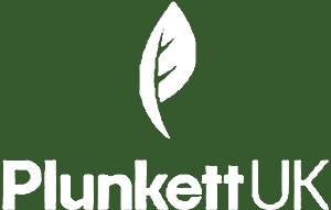 White logo of a stylised leaf above the text 'Plunkett UK' on a dark green back