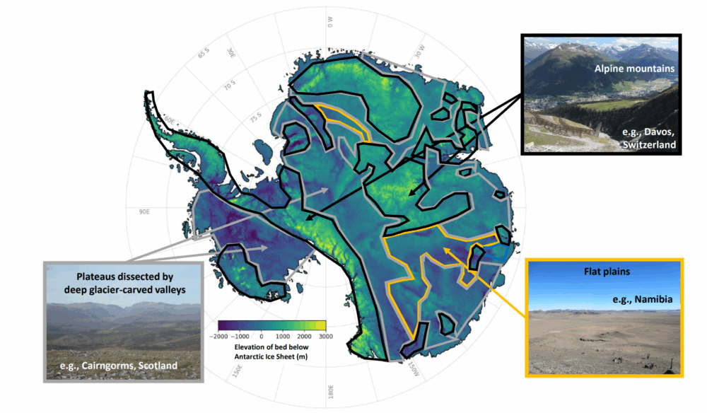 Map of Antarctica showing elevation of bed below ice sheet with highlighted regions of alpine mountains in Switzerland, plateaus in Scotland, and flat plains in Namibia.
