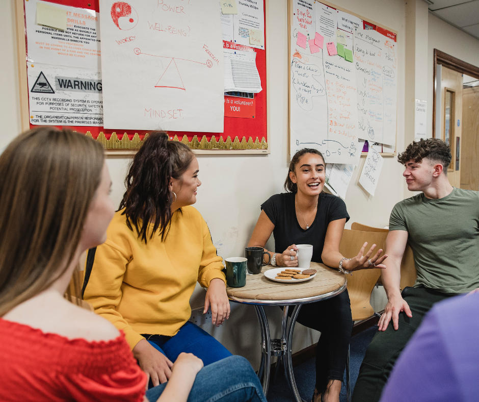 Group of young people sitting around a table with cups and plates in front of them