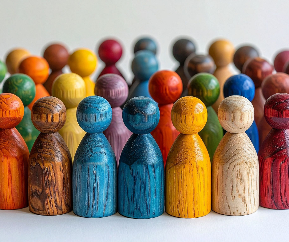 Close-up of colourful wooden peg dolls arranged in rows, showcasing natural wood grain and vibrant paint in various hues.