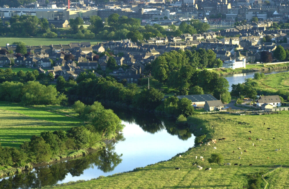 Lush farmland with scattered sheep borders a calm river that curves towards a residential area filled with houses and trees.