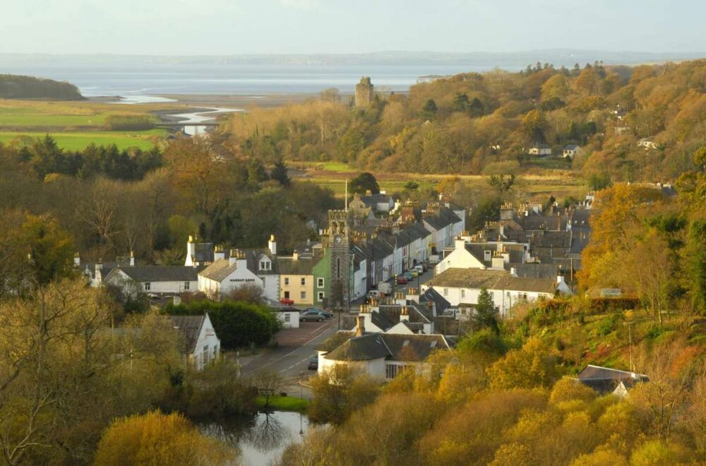 Ariel view of small town with coastline in background and tress surrounding the built environment