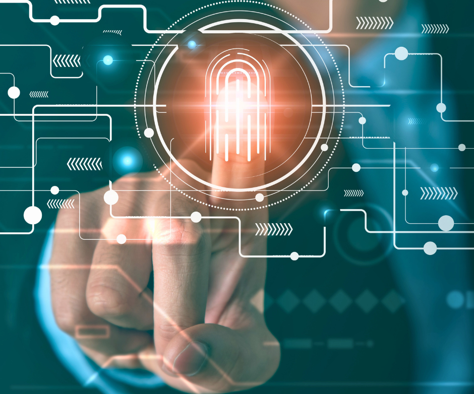 Person pressing a glowing digital fingerprint icon on a transparent interface with circuit-like graphics.