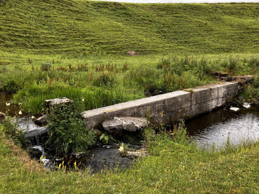 Concrete slab bridge crossing a narrow stream surrounded by green grass and wildflowers in a rural landscape.