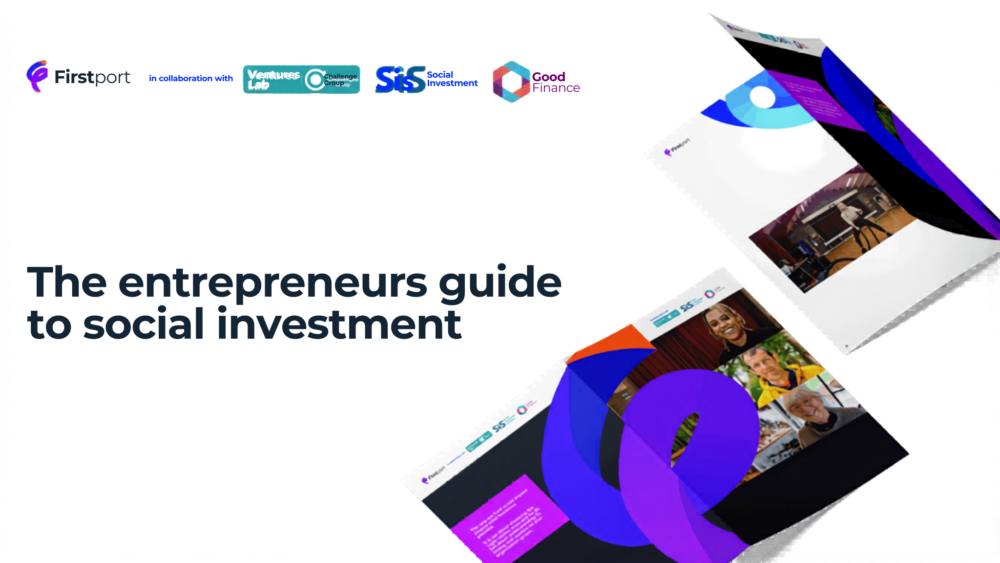 Cover of a guide titled 'The entrepreneurs guide to social investment' featuring portraits and colourful abstract designs.