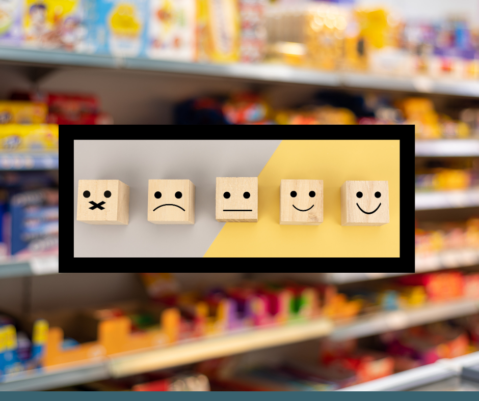 Five wooden blocks with different facial expressions from silent to happy on a grey and yellow background.