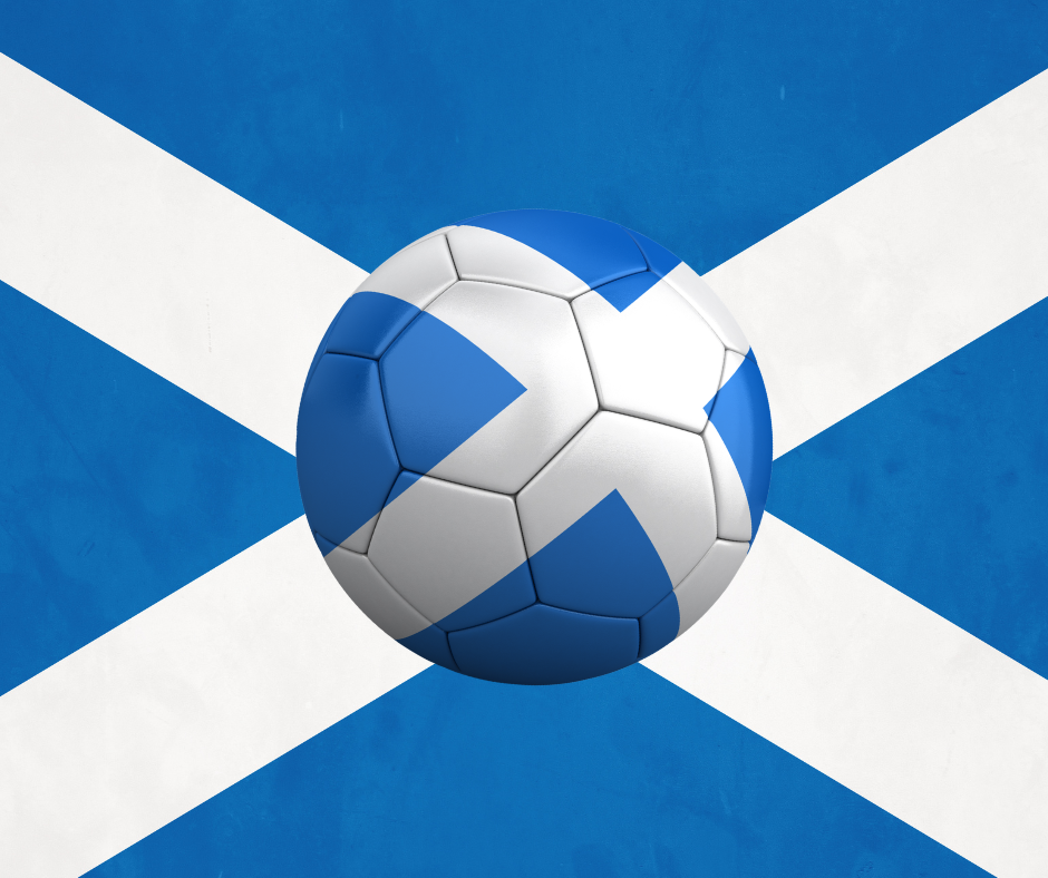 Football designed with the blue and white saltire pattern of the Scottish flag on a matching blue and white background.