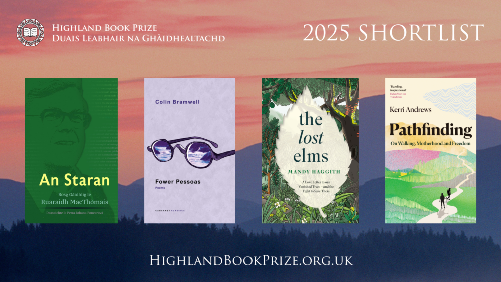 2025 Highland Book Prize shortlist featuring four book covers against a sunset sky background.