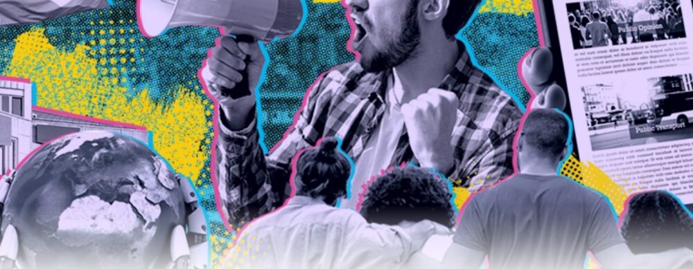 Person with a megaphone speaking passionately to an audience, with global and media visuals behind.