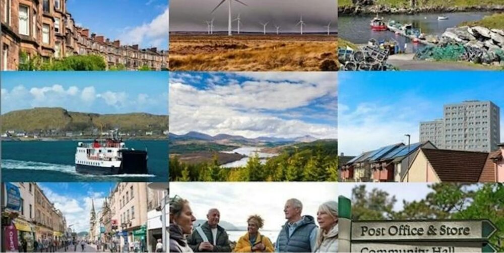 Collage showing coastal town scenes, wind turbines on grassy hills, and local community life with people and buildings.