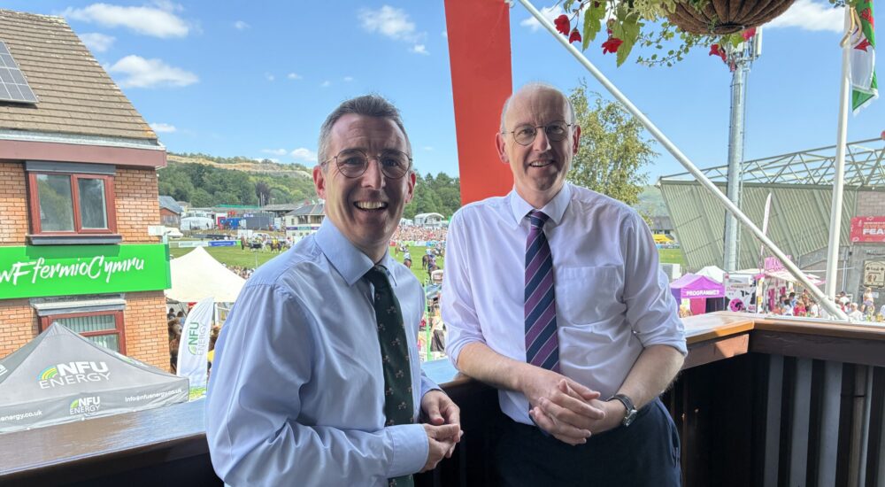 Two men in dress shirts and ties smiling on a balcony overlooking a sunny outdoor event with tents and green hills.