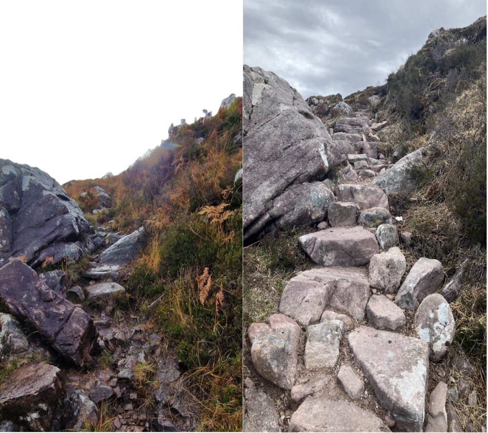 Side by side comparison of steep hiking path made of large rocks winding through rugged terrain and gorse bushes before and after conservation of path work carried out.