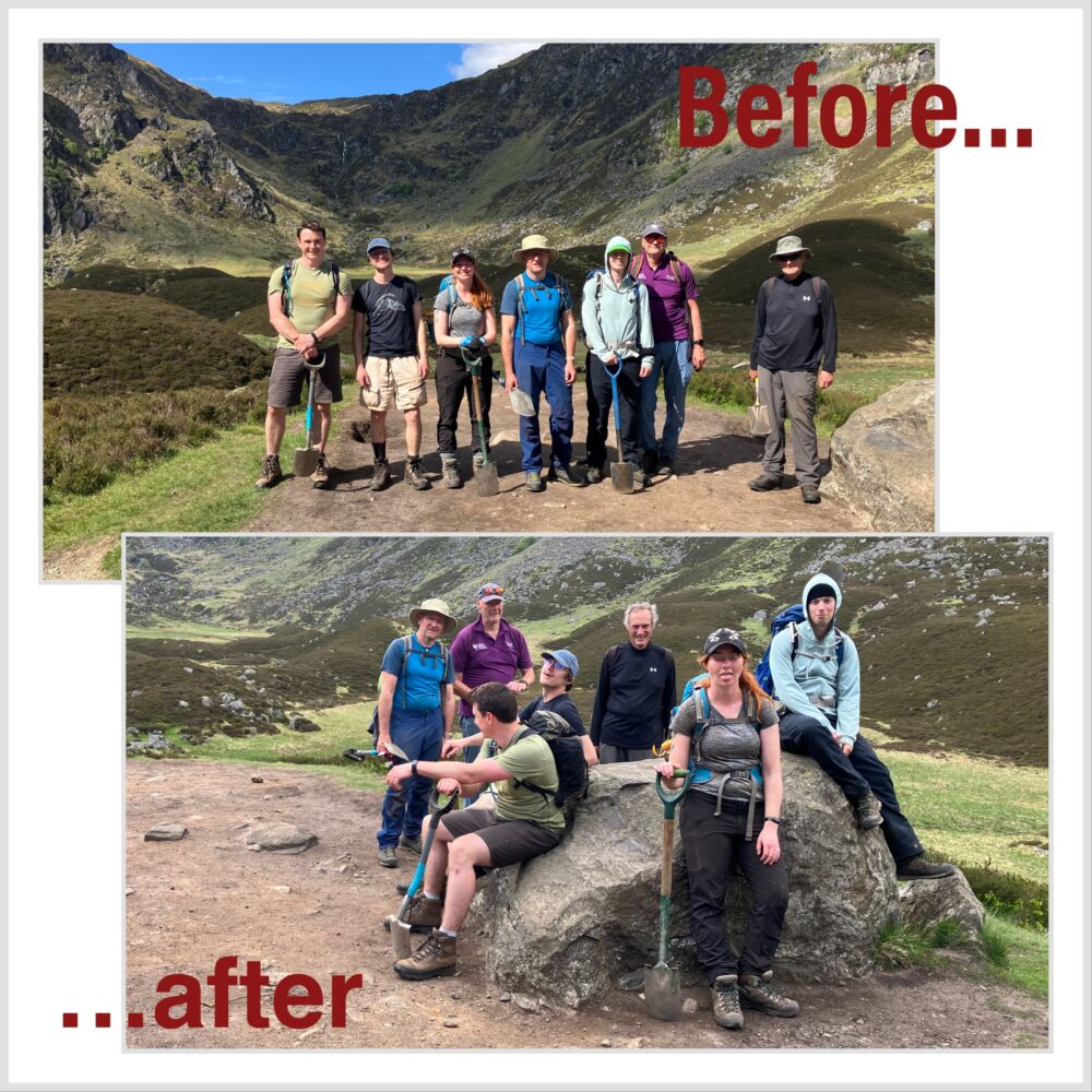Before and after images of volunteer group lined up on a dirt path surrounded by green hills and rocky slopes.