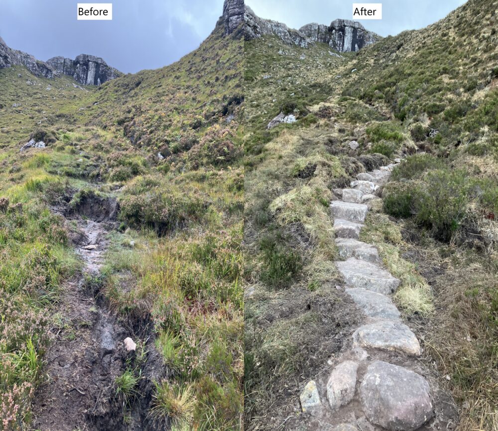 Side-by-side comparison of a mountain trail before and after improvement, showing a muddy path transformed into a stone stairway