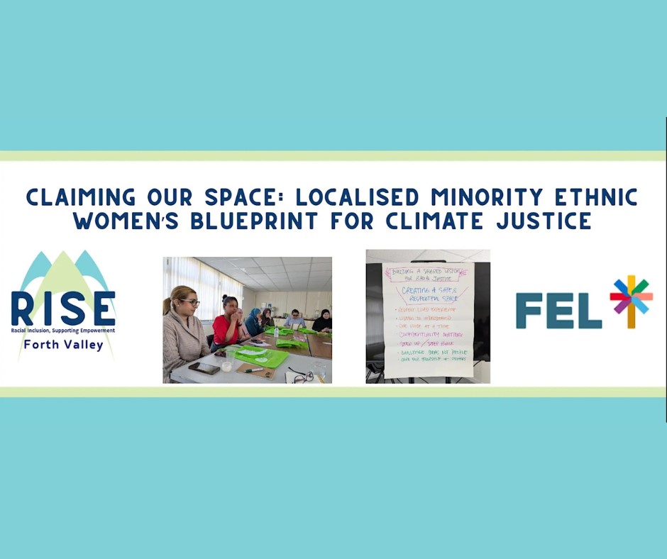 Workshop participants discussing climate justice strategies for minority ethnic women in a community setting.