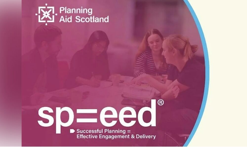 Four people engaged in a collaborative meeting, representing Planning Aid Scotland's SPEED initiative for effective planning and delivery.