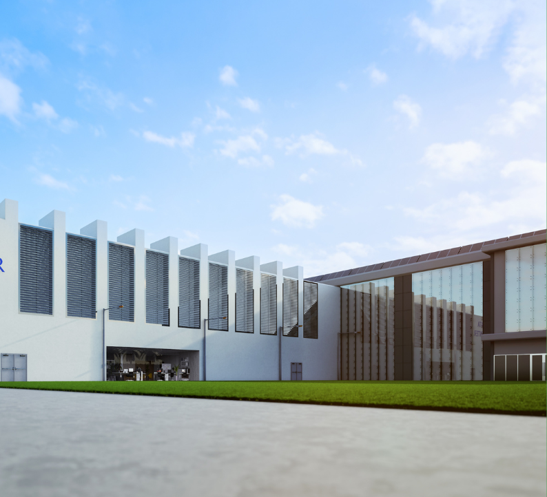 Illustration of modern data centre building with large ventilation panels and a glass facade under a partly cloudy sky.