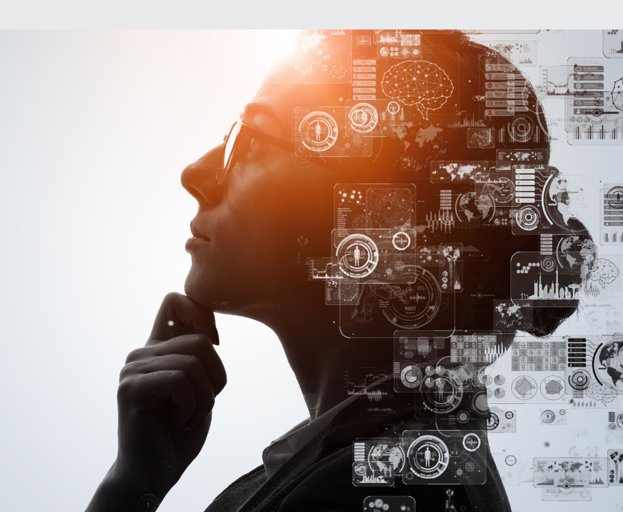 Profile of a thoughtful woman with glasses overlaid by digital brain and technology interface graphics.