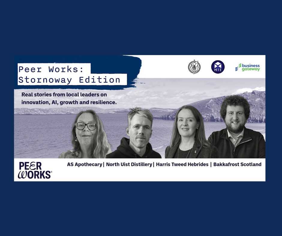Four local leaders from Stornoway featured in Peer Works discussing innovation, AI, growth, and resilience against a scenic coastal backdrop.