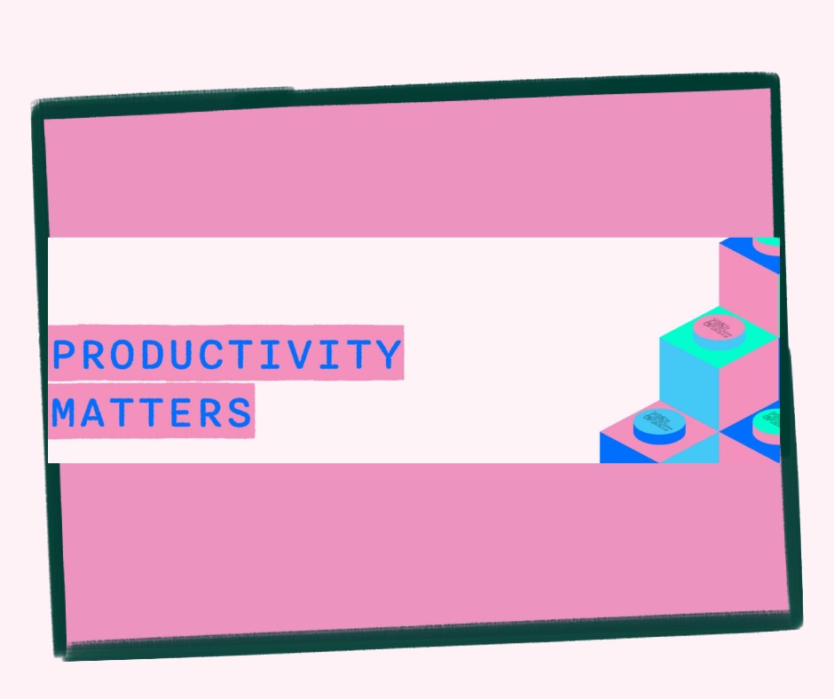 Pink and white banner with the phrase 'PRODUCTIVITY MATTERS' in blue text and colorful geometric shapes on the right side.