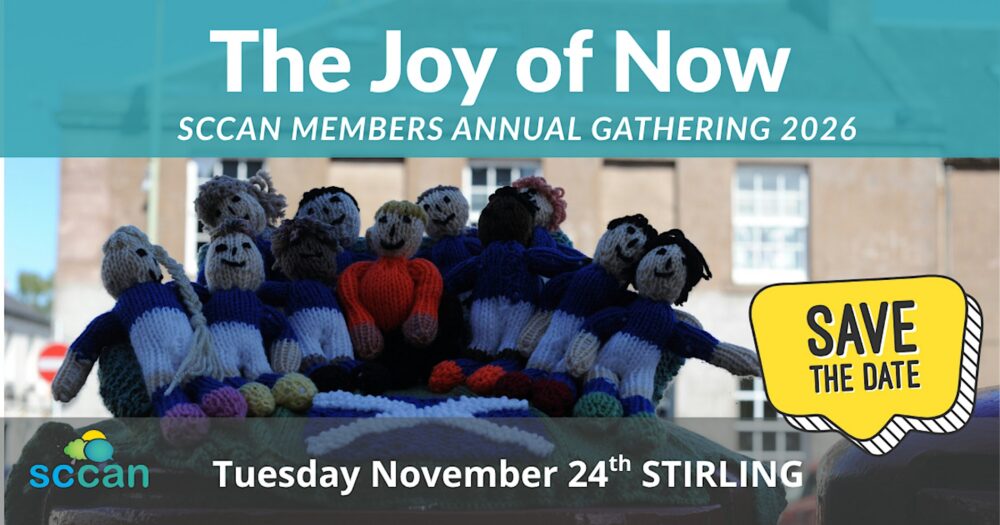 Knitted dolls arranged together promoting SCCAN Members Annual Gathering 2026 titled The Joy of Now in Stirling on November 24th.