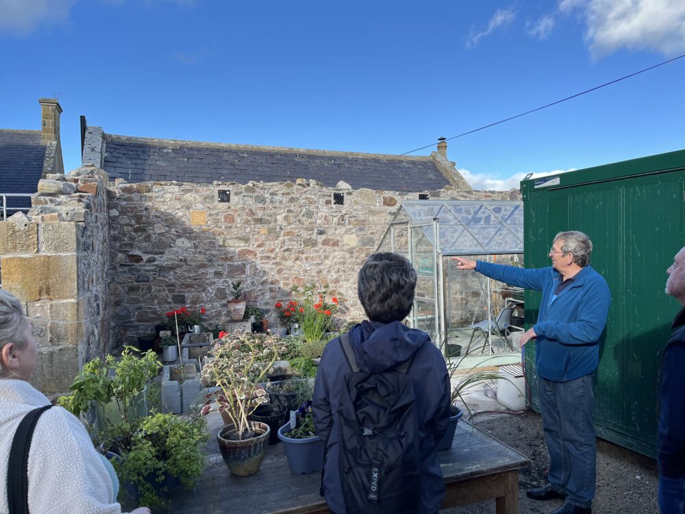 A man in a blue jacket points towards a stone wall while three people observe a garden area with potted plants under a clear blue sky.