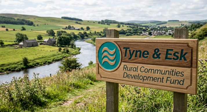 Wooden sign for Tyne & Esk Rural Communities Development Fund overlooking a winding river and green rolling hills under a cloudy sky.